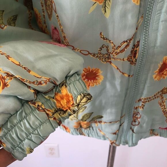 Vintage 80s 90s Avon 100% Silk Floral Turquoise Zip Up Jacket Women Size Small - Picture 6 of 10